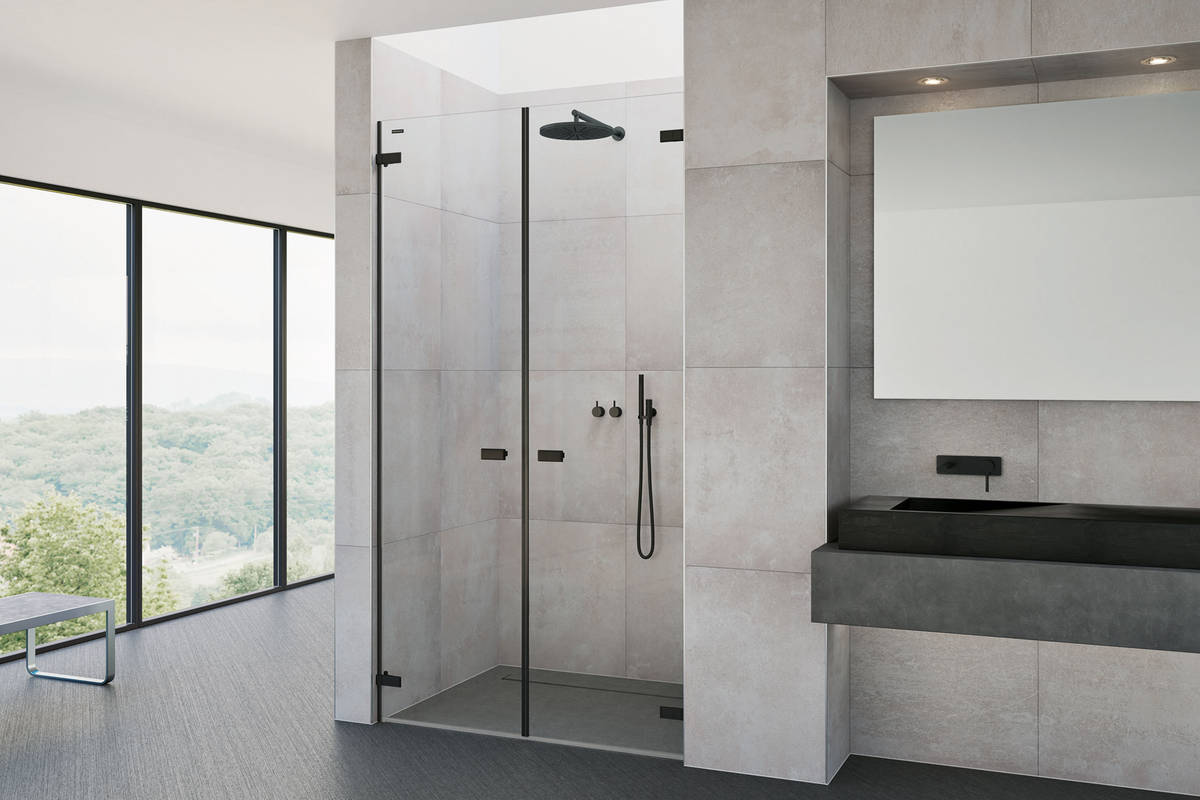 Ferrures à choix chromées, finitions acier inoxydable, noir ou blanc, esthétique minimaliste et classieuse: les portes battantes sans cadre de la paroi de douche VIVA donnent libre cours à la créativité. Duscholux.